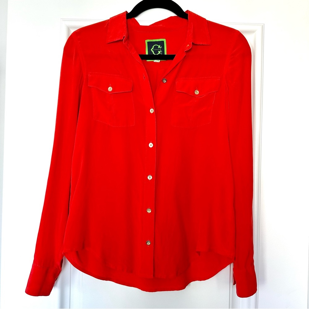 C. Wonder 100% Silk Bright Orange Red Button Down Blouse, Size Extra Small